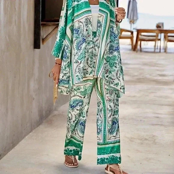 Green Boho Womens Paisley Print Blouse & Wide Leg Pants - Picture 5 of 5